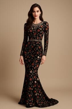 MAC DUGGAL 93925 Black Mutlicolored Beaded Sequin Long Sleeves Formal Dress sz 2